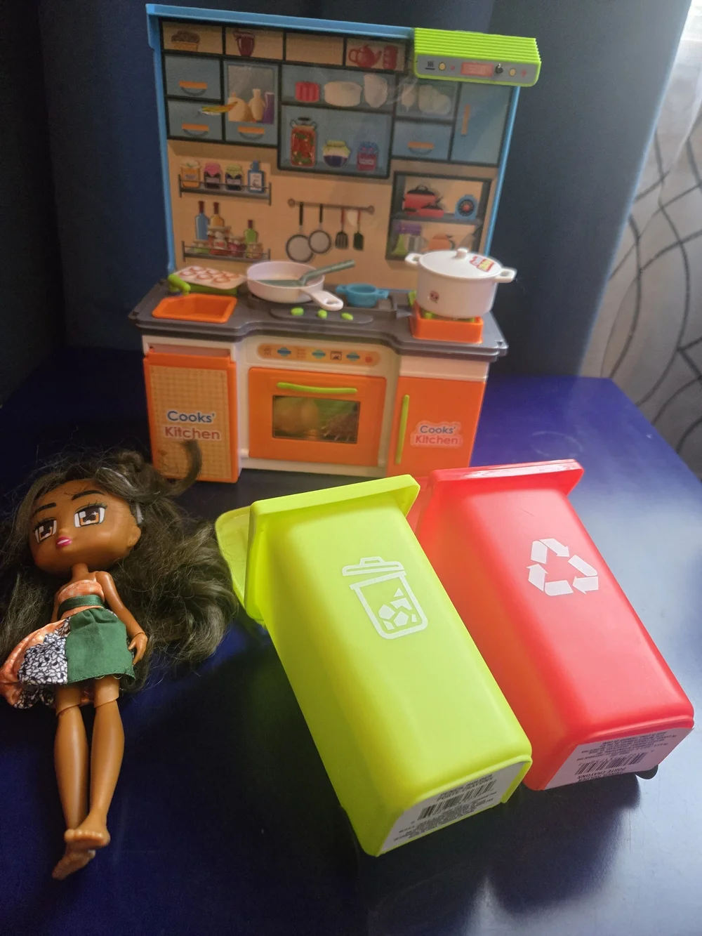Kids Playset - Bright Toy Kitchen, Toy Garbage Bins & Doll